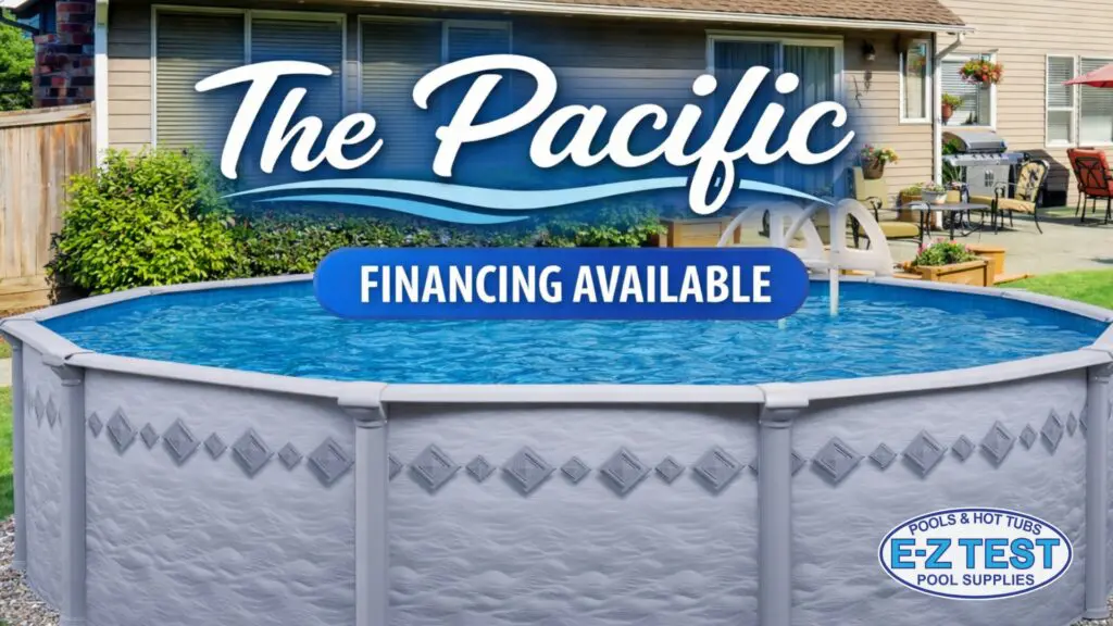 Pacific above-ground pool installed in backyard with modern wall design and clear blue water
