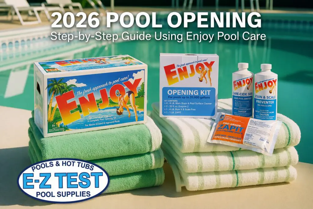 2026 pool opening with clear blue water using chemicals from E-Z Test Pool Supplies in Derry NH Plaistow NH and North Reading MA