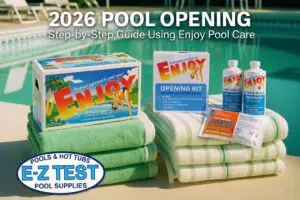 2026 pool opening with clear blue water using chemicals from E-Z Test Pool Supplies in Derry NH Plaistow NH and North Reading MA