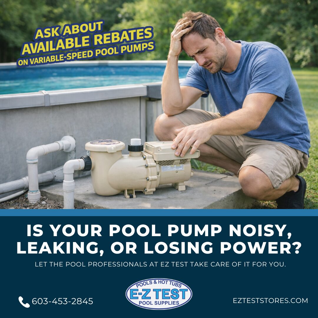 Homeowner inspecting a failing pool pump beside an above-ground pool, highlighting the benefits of upgrading to an energy-efficient variable-speed pool pump from EZ Test Pool Supplies.
