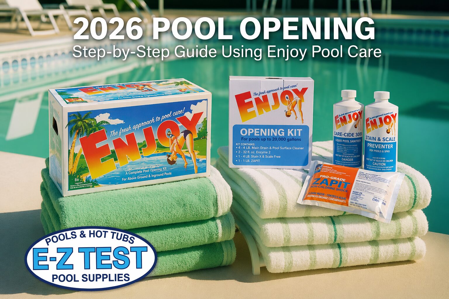 2026 pool opening with clear blue water using chemicals from E-Z Test Pool Supplies in Derry NH Plaistow NH and North Reading MA