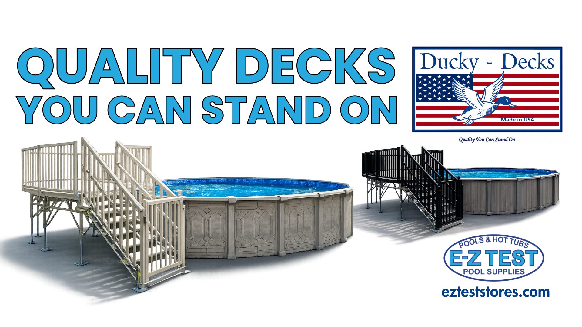 Ducky Decks maintenance-free aluminum deck system installed on an above-ground pool in New Hampshire and Massachusetts