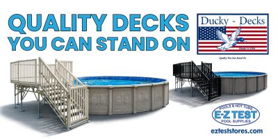 Ducky Decks maintenance-free aluminum deck system installed on an above-ground pool in New Hampshire and Massachusetts