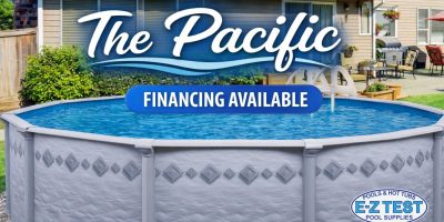 Pacific above-ground pool installed in backyard with modern wall design and clear blue water